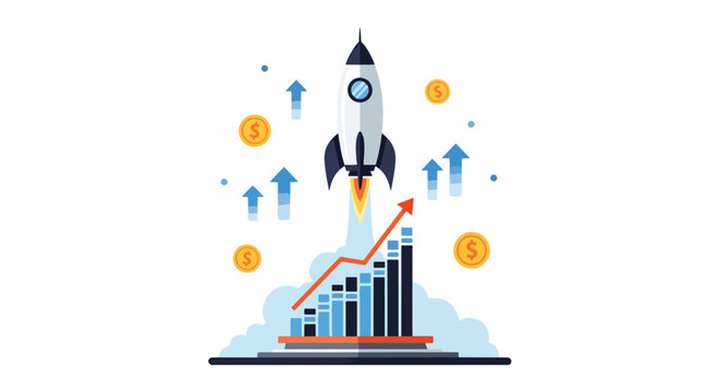Concept showing financial growth and success with a rocket launching into the sky and ascending graph conveying business progress and investment returns reaching new heights and achieving
