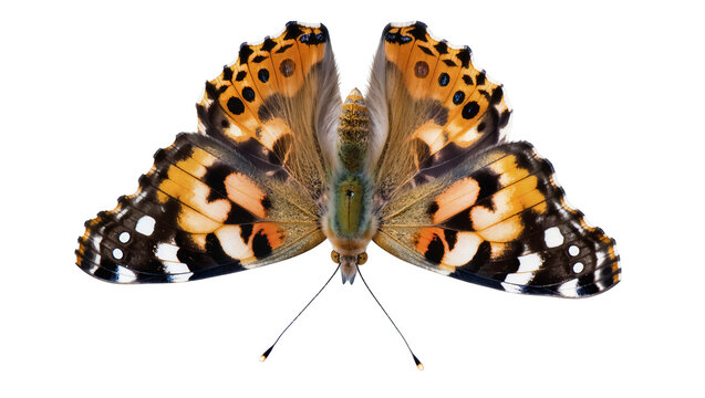 Vibrant painted lady butterfly with intricate orange, black, and white wing patterns, captured in high detail, isolated PNG on transparent background