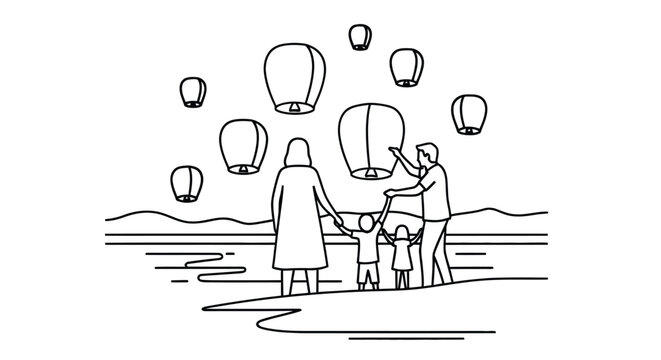 Family releasing sky lanterns at dusk a minimalist line drawing illustration