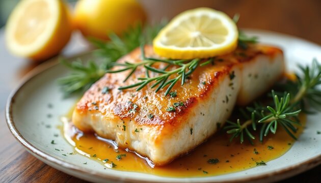 Pan seared fish steak with herbs and lemon. Juicy seafood fillet served on plate with savory sauce. Gourmet meal with fresh rosemary garnish. Delicious healthy dinner.