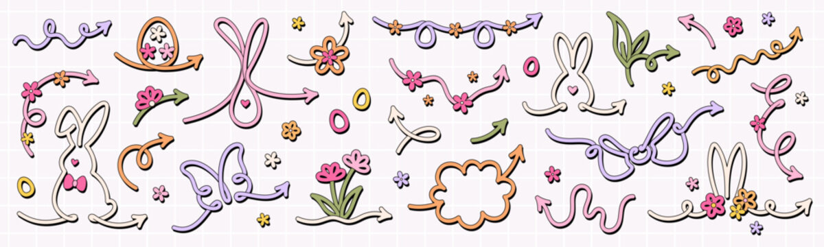 Set of cute easter theme unusual various colorful arrows in cartoon groovy style. Vector curvy, shaped and wavy arrows.