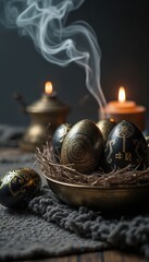 Naklejka premium Black and gold Orthodox Easter eggs with labyrinth designs sit in a nest on a rug. Lit candles and incense smoke create a spiritual atmosphere, evoking tradition and rich heritage.