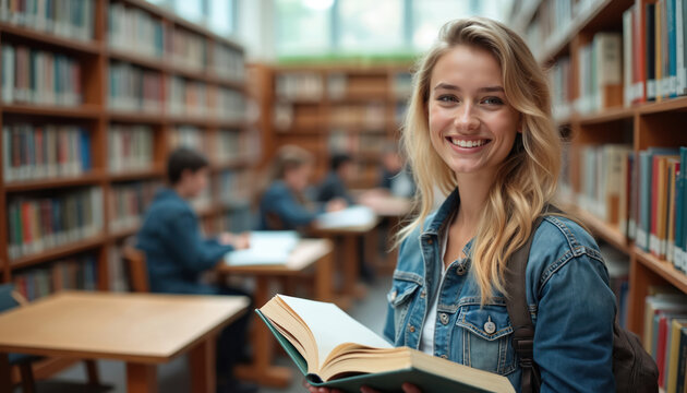 Smiling blonde student in library holds open book. Other students study in background near bookshelves. Education concept. Casual attire. Looks at camera.