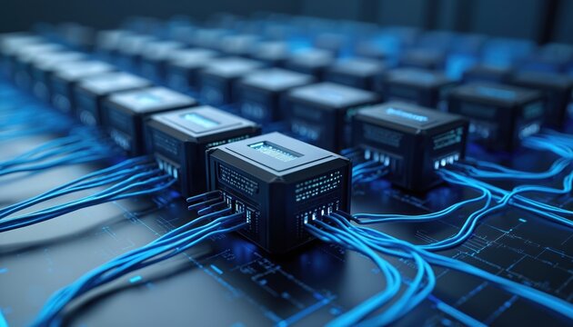 Server racks with blue wires connect in a grid. Data transfer flows through network system. Tech infrastructure creates digital connections.