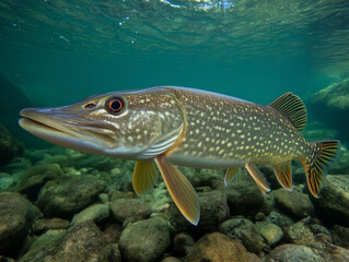 Fototapeta premium Northern pike swimming calmly underwater on rocky bottom