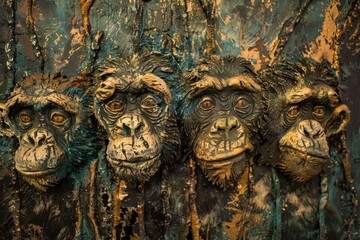 Obraz premium Four monkey heads are emerging from a colorful jungle wall, creating a captivating and artistic scene