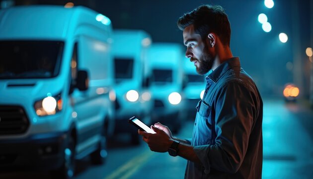 Man checks smartphone near row of vans at night. He uses app for vehicle tracking and fleet management. Digital technology helps coordinate logistics and improve transport operations.