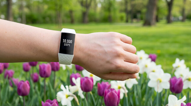 White fitness tracker on wrist showing 10000 steps goal achievement in a sunny spring garden with purple tulips and white daffodils, active lifestyle and healthy wellness concept