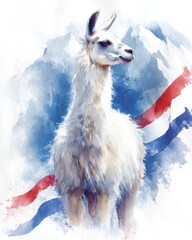 Fototapeta premium Watercolor illustration of a white llama with mountain landscape and abstract ribbons in red and blue colors