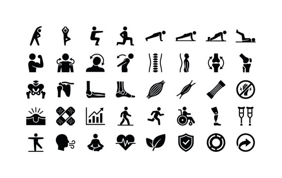 Physical therapy movement and recovery symbols showing stretching pose figure, yoga balance pose, squat exercise pose, lunge