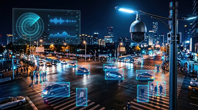 city street intersection with digital surveillance technology and people at night