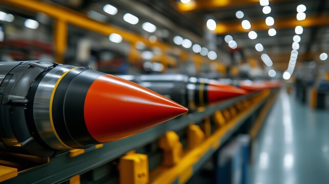 Missiles on a production line reflecting military engineering and defense industry
