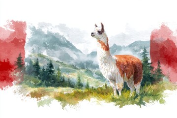 Fototapeta premium Watercolor illustration of a llama standing in a misty mountain landscape with pine trees and artistic red splashes