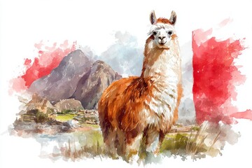 Fototapeta premium Watercolor illustration of a llama in the Peruvian Andes mountains with artistic paint splashes on white background