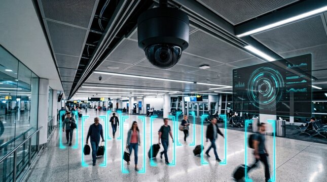 travelers passing through airport security check under surveillance with digital technology overlay