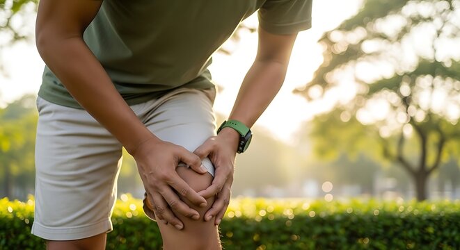 Man holding knee in pain during outdoor morning jog in park