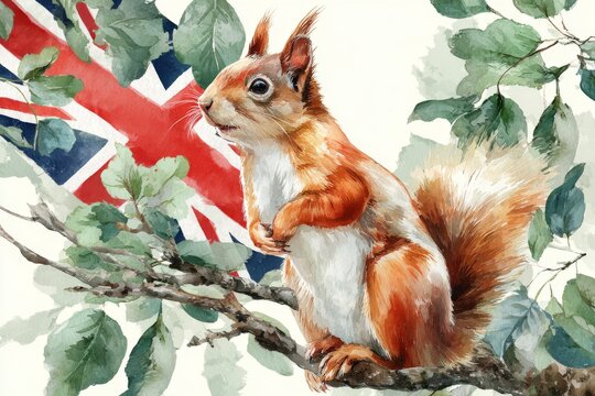 Watercolor illustration of a red squirrel on a branch with green leaves against the United Kingdom flag background