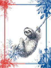 Fototapeta premium Hand drawn sketch of a cute sloth hanging on a tree branch with red and blue botanical frame on white background