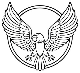 Obraz premium Eagle with Spread Wings, Outline Drawing in Circle Frame, Symbol of Power and Freedom