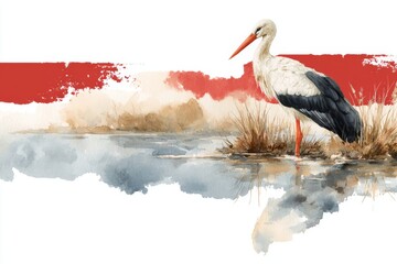 Fototapeta premium Watercolor illustration of a white stork standing in a pond with red abstract background brush strokes