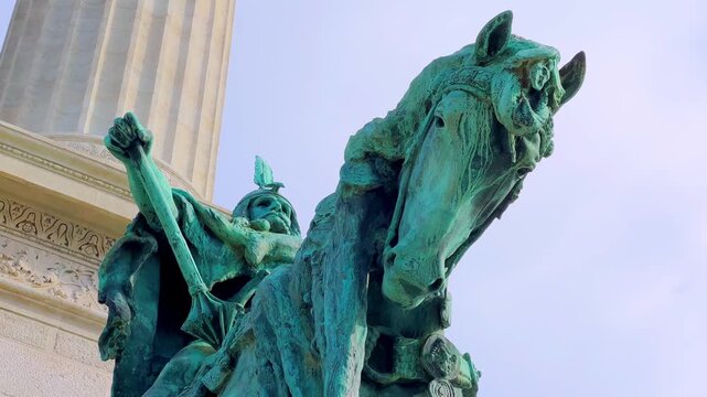 Single mounted Magyar chieftain statue, Millennium Monument, Budapest, Hungary