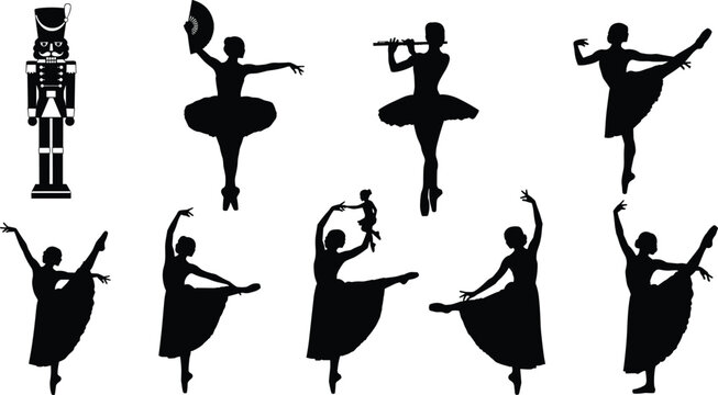 Ballet dancer silhouettes with toy soldier figure, elegant poses, Nutcracker inspired performance, graceful movements, props including fan flute doll