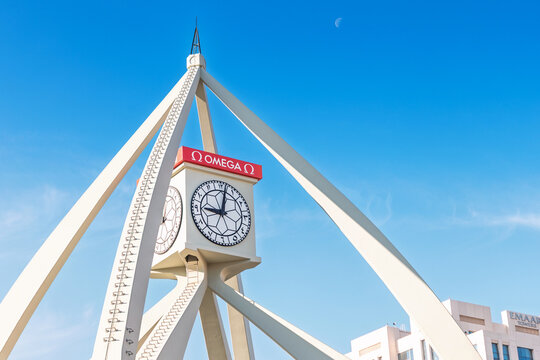 10 January 2026, Dubai, UAE: Deira Clocktower structure standing tall, marking time. Modern architecture with Omega branding clearly visible