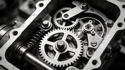 Fototapeta premium Intricate Mechanical Gears and Precision Engineering Components in a Monochrome Industrial Macro Close up