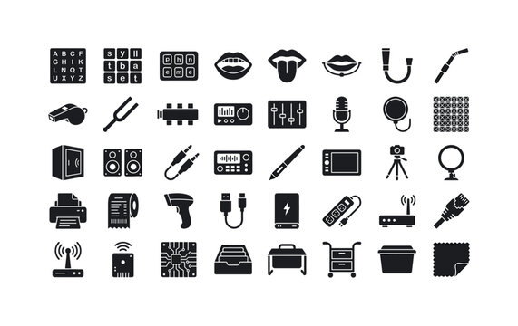 Speech training tools featuring phonetic alphabet chart, syllable tiles set, phoneme chips tray, articulation model mouth, tongue