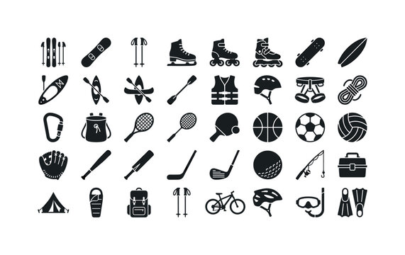 Sports equipment rental shop counter, ski set, snowboard board, pair of ski poles, ice skates pair, roller skates pair, inline