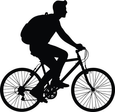 Black silhouette illustration of cyclist riding bicycle with backpack in upright posture showing transportation, exercise, and outdoor activity