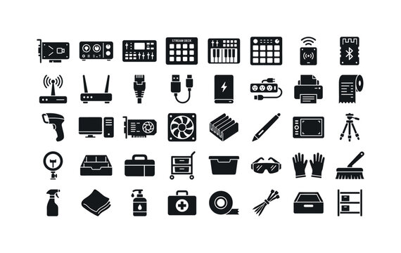 Broadcast studio accessories featuring capture card device, audio interface unit, video switcher console, stream deck control pad,