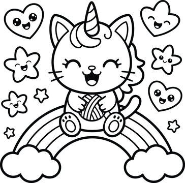 Cute caticorn coloring page for kids with rainbow and hearts
