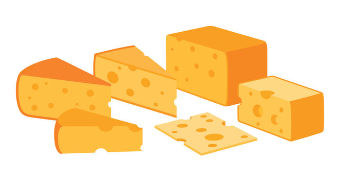 Various shapes of cheese, including wedges, blocks, and slices, come together in a tasty and delightful display that is a testament to the diverse world of dairy products and culinary