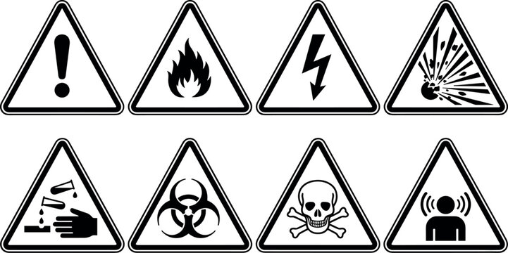 hazard warning signs set, vector triangular safety icons with fire electric explosion toxic biohazard and alert symbols isolated on transparent background
