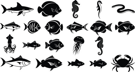 Black silhouette illustration of marine animals including fish, shark, squid, jellyfish, crab, seahorses, and eel representing ocean life © MdBalal