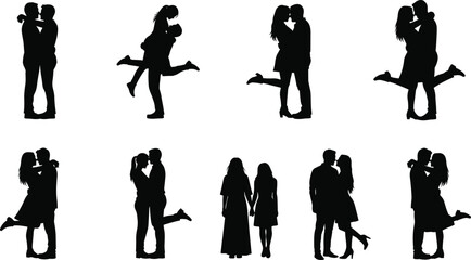 Fototapeta premium Black silhouette illustration of nine couples in romantic poses embracing, kissing, and holding hands representing love and affection