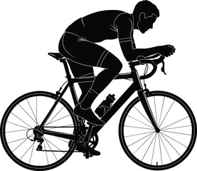 Naklejka premium Black silhouette illustration of road cyclist in aerodynamic racing posture with drop handlebars, thin tires, and water bottle frame