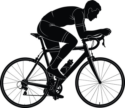 Black silhouette illustration of road cyclist in aerodynamic racing posture with drop handlebars, thin tires, and water bottle frame