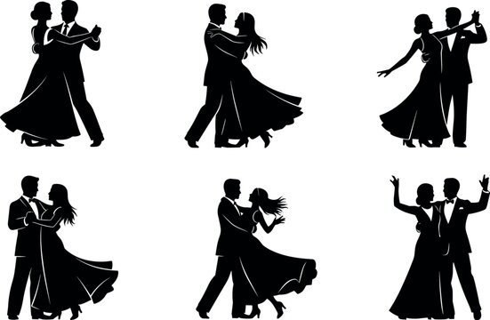 Black silhouette vector illustration of elegant dancing couples in ballroom styles with flowing dresses, formal suits, graceful poses and movement