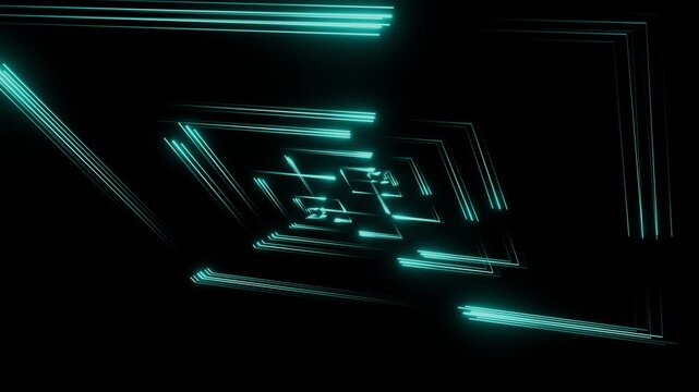 Neon square hologram tunnel rotating in a digital data cyberspace creating a futuristic abstract background
