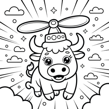 Cute cartoon bull flying with propeller hat coloring page for kids
