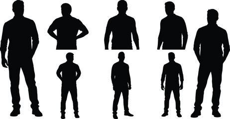Black silhouette men, standing poses, casual clothing, arms at sides, hands on hips, posture icons, body language vector illustration design © MdBalal