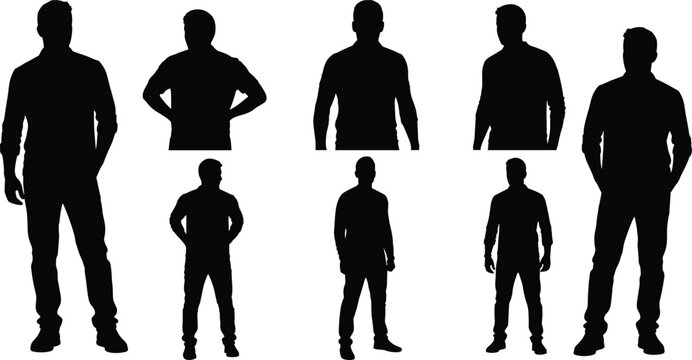 Black silhouette men, standing poses, casual clothing, arms at sides, hands on hips, posture icons, body language vector illustration design