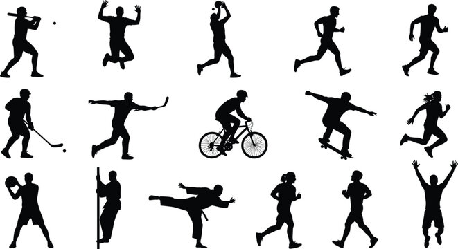 Black silhouette athletes, baseball, basketball, running, cycling, skateboarding, tennis, martial arts, pole vault, diverse sports vector illustration design