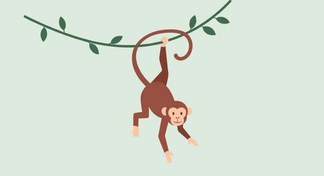 Brown monkey hanging from branch upside down.