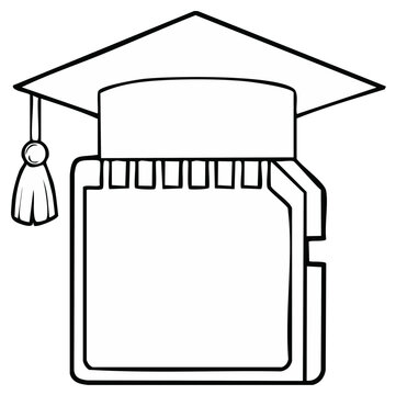 SD Card with Mortarboard Graduation Cap, Black and White Illustration