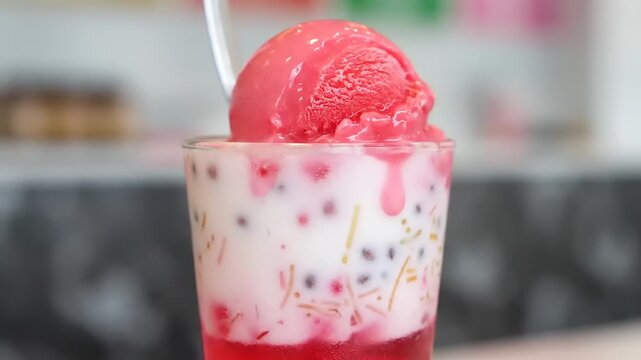 A refreshing glass of sweet Falooda topped with a scoop of strawberry ice cream and jelly pearls