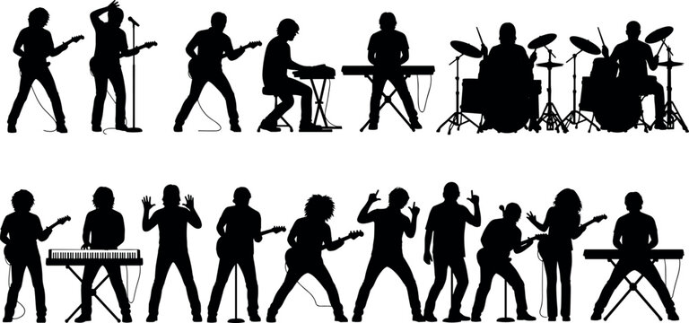 Black silhouette vector illustration of musicians performing with guitars, keyboards, drums, and singing, dynamic band concert poses and energy