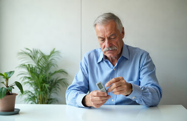 Fototapeta premium Elderly man checks glucose level with meter at home table. Senior checks sugar with device for diabetes care. He holds glucometer, measures blood reading.